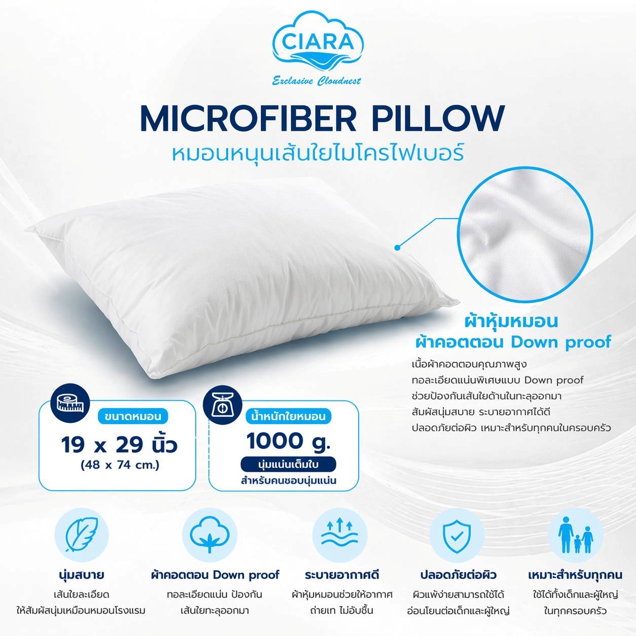 CIARA Bedding หมอนหนุนใยขนเป็ดเทียม ผ้าCotton Down Proof 1000 กรัม 19*29นิ้ว 02