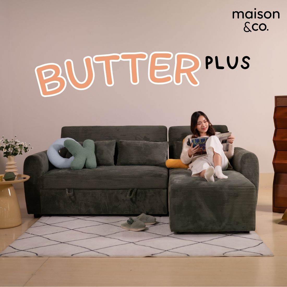 โซฟาเบดมุมขวา รุ่น Butter Plus สีเขียว01