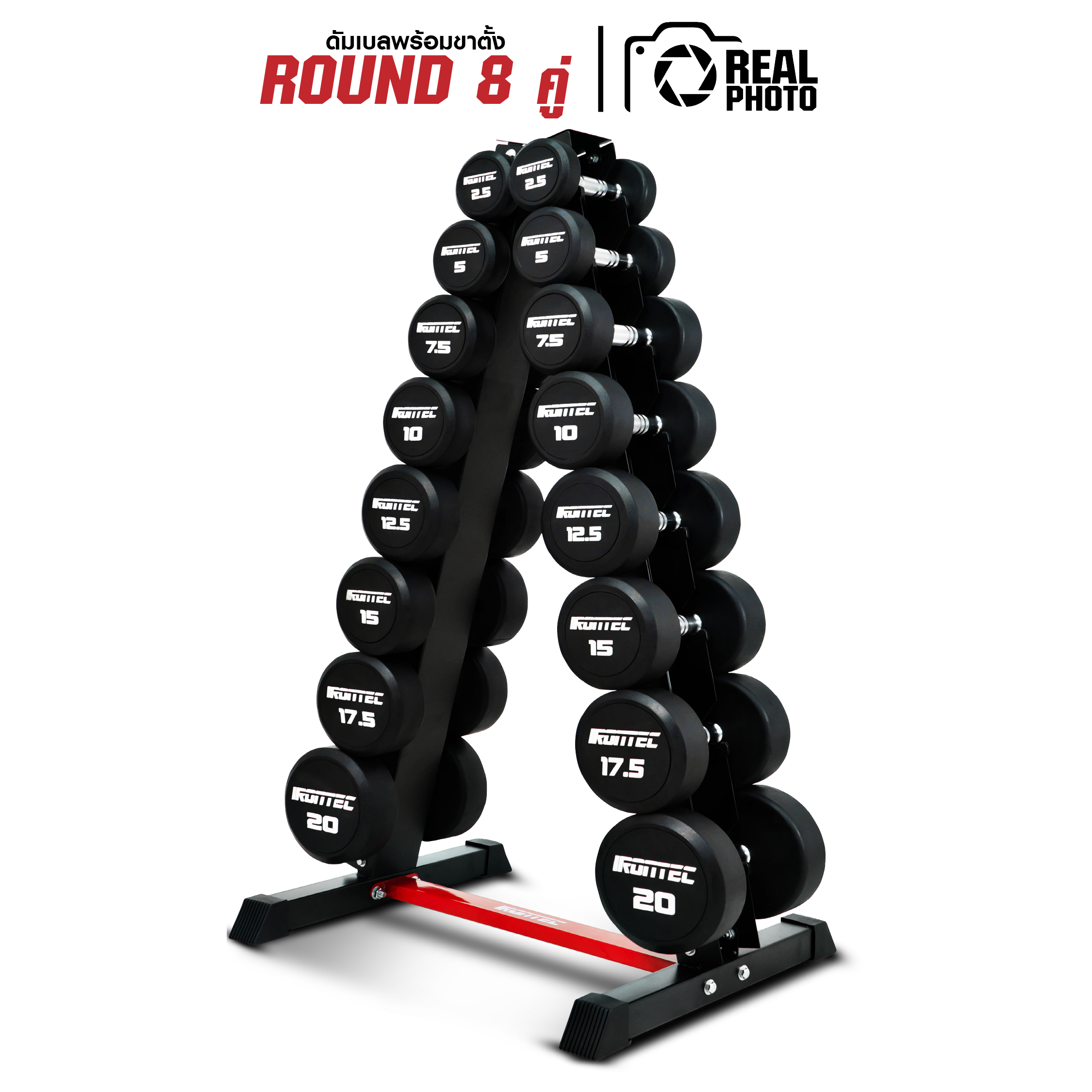 ดัมเบล กลม หุ้มยาง IRONTEC 6 คู่ (2.5-15KG) พร้อมขาตั้ง-5