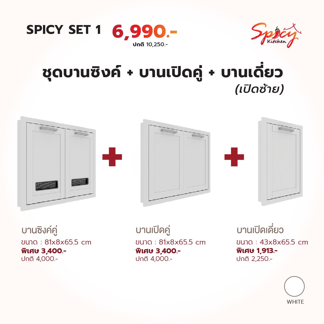 ชุดหน้าบานตู้ซิงค์+บานเปิดคู่+บานเปิดเดี่ยว (ฝั่งซ้าย) สีขาว รุ่น Spicy01
