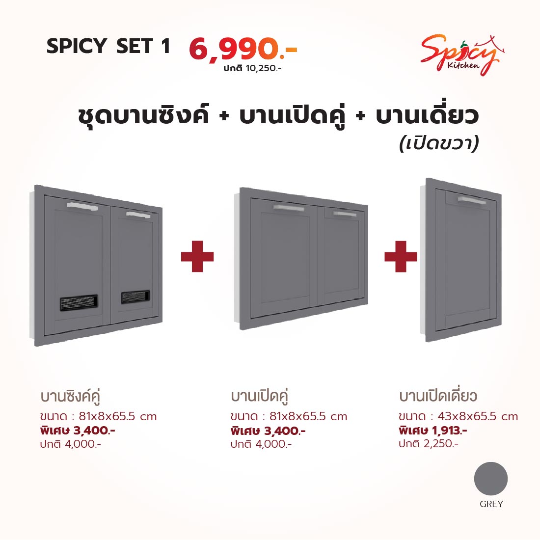 ชุดหน้าบานตู้ซิงค์+บานเปิดคู่+บานเปิดเดี่ยว (ฝั่งขวา) สีเทา รุ่น Spicy01