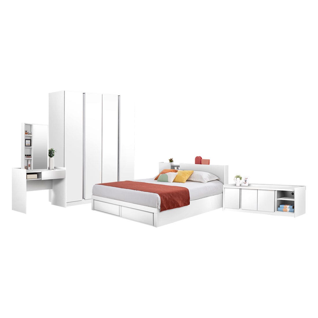 ชุดห้องนอน ขนาด 5 ฟุต รุ่น Melda  พร้อมชั้นวางทีวี 160 ซม. สีขาว01