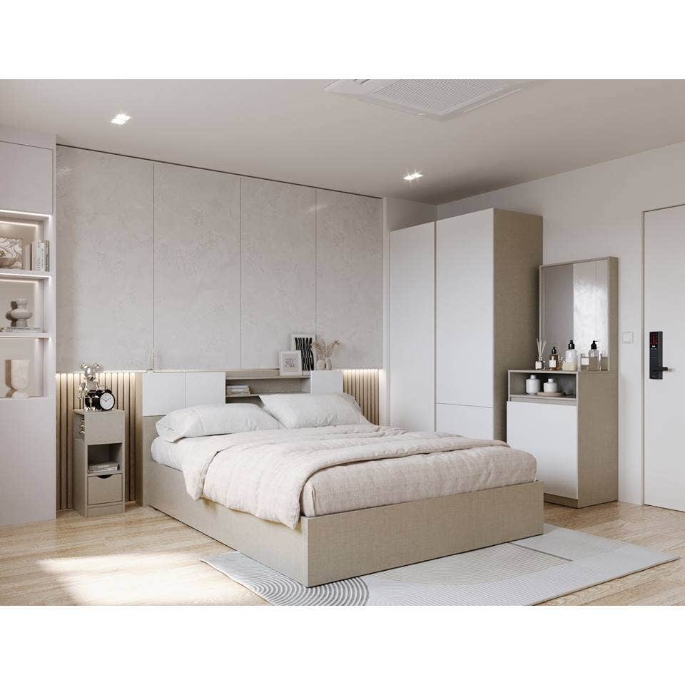 ชุดห้องนอน ขนาด 5 ฟุต รุ่น Hollyn สีผ้าครีม ตัด ขาว