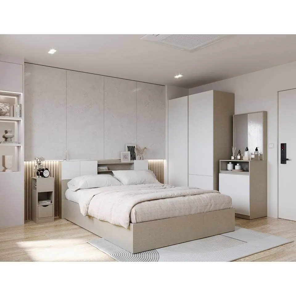 ชุดห้องนอน ขนาด 5 ฟุต รุ่น Hollyn สีผ้าครีม ตัด ขาว