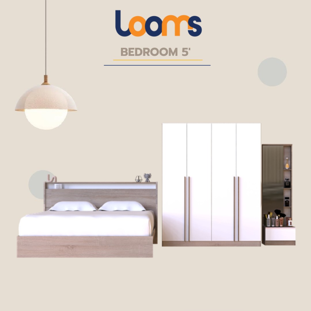 ชุดห้องนอน KYOTO 5' + SACHA + REMUS-E สีโซลิดโอ๊คตัดสีขาว1