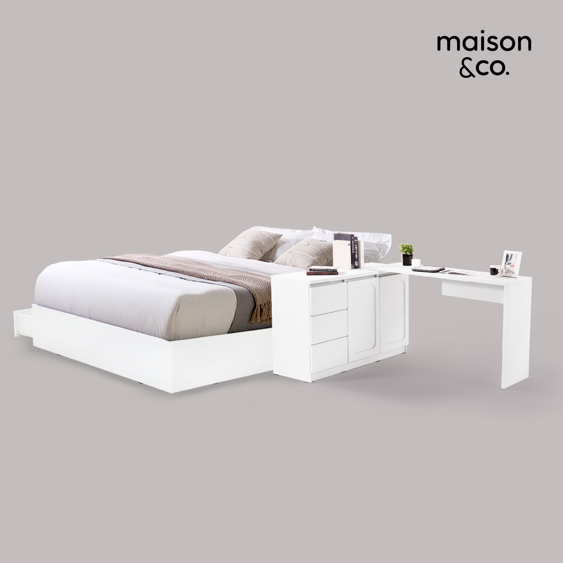ชุดห้องนอน เตียง 6 ฟุต รุ่น Basic & โต๊ะอเนกประสงค์ รุ่น Solla สีขาว01