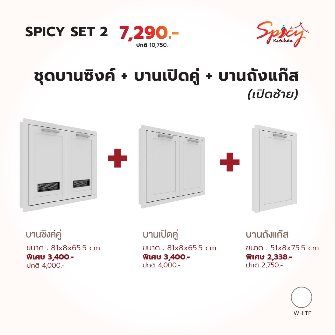 ชุดหน้าบานตู้ซิงค์+บานเปิดคู่+บานแก๊ส (ฝั่งซ้าย) สีขาว รุ่น Spicy01