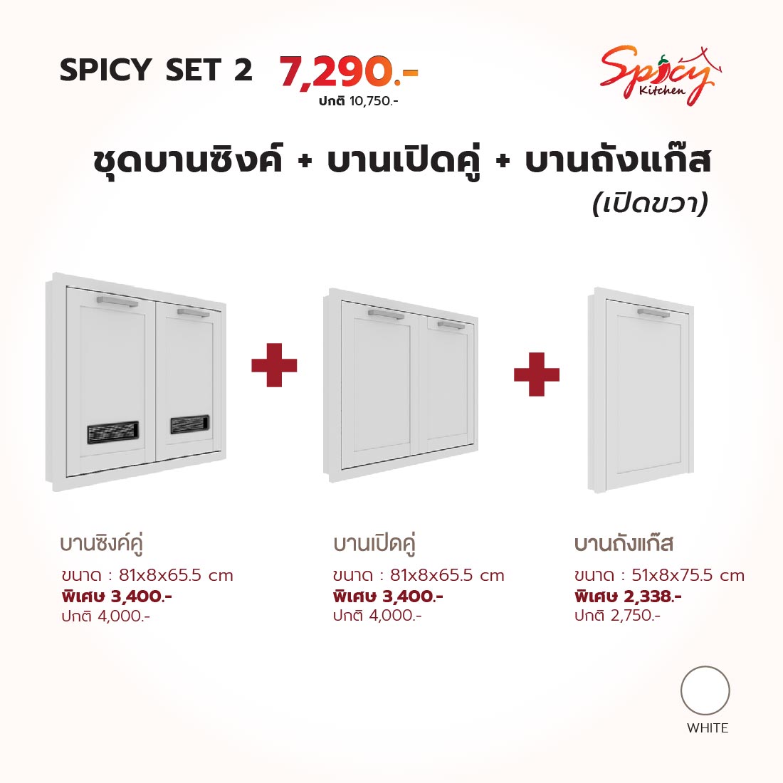 ชุดหน้าบานตู้ซิงค์+บานเปิดคู่+บานแก๊ส (ฝั่งขวา) สีขาว รุ่น Spicy01