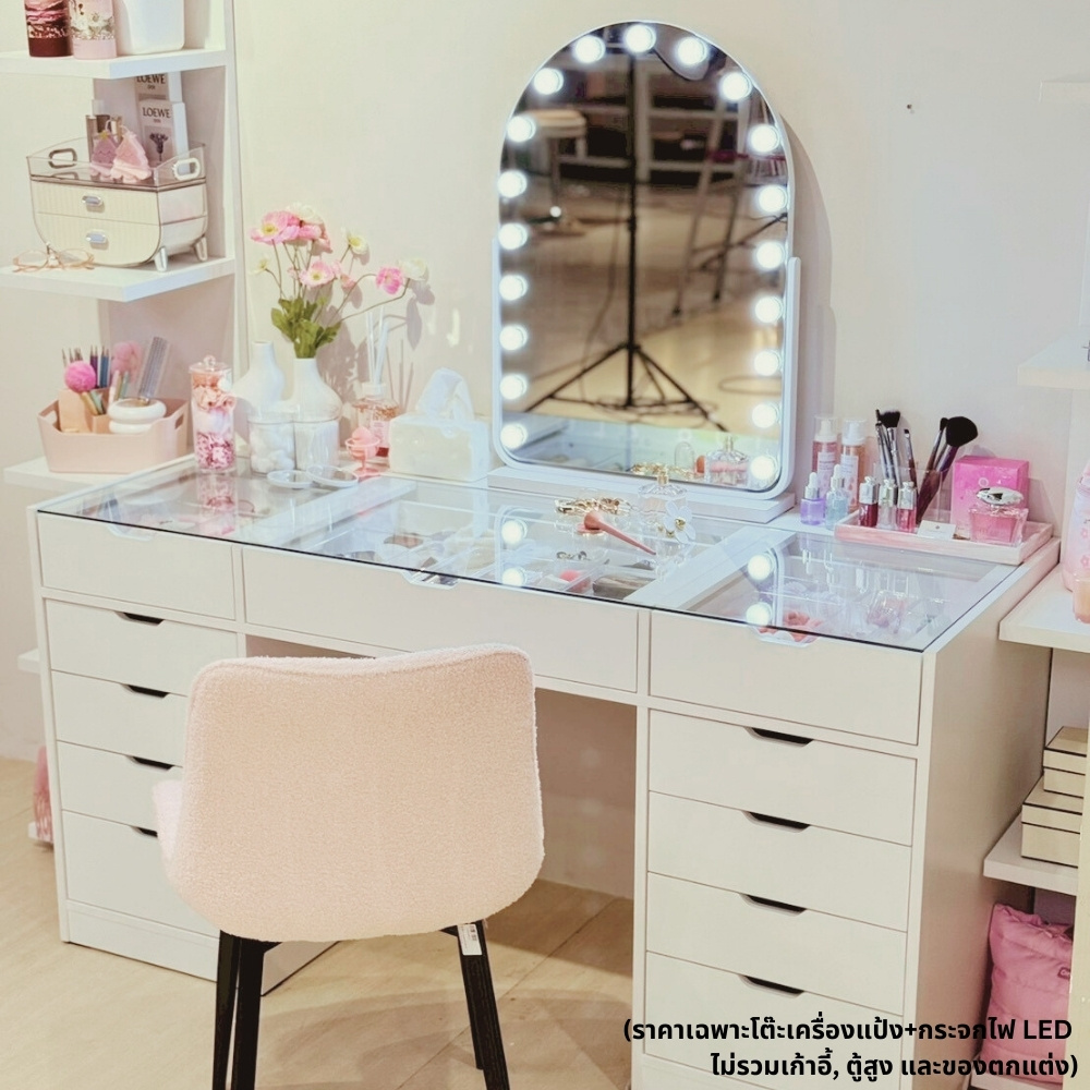 โต๊ะเครื่องแป้ง 150 ซม. พร้อมกระจกโค้ง 52 ซม. รุ่น Vanity สีขาว4