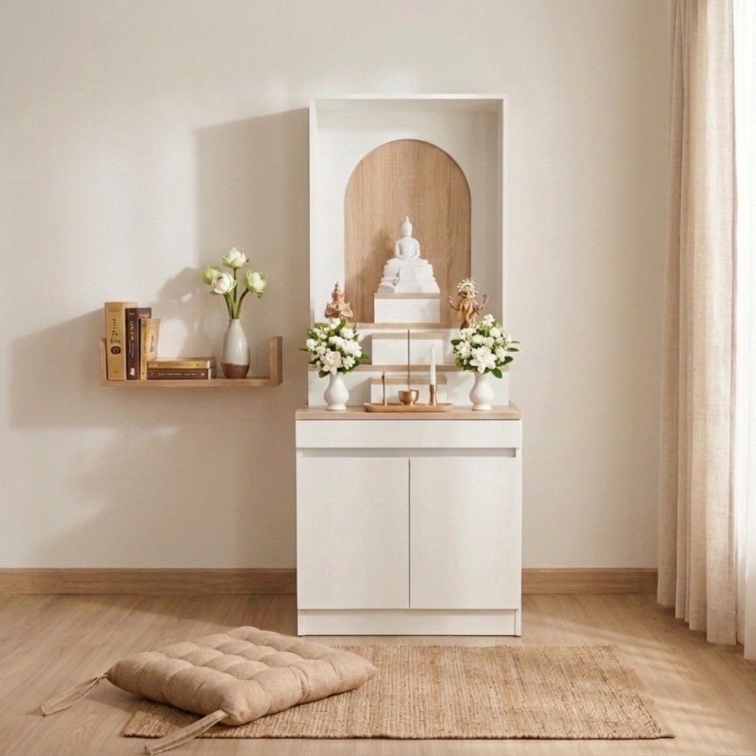 เซทห้องไหว้พระ รุ่น AMITA  สีขาว & เบาะรองนั่งเหลี่ยมดึงบุ๋ม รุ่น RISER1
