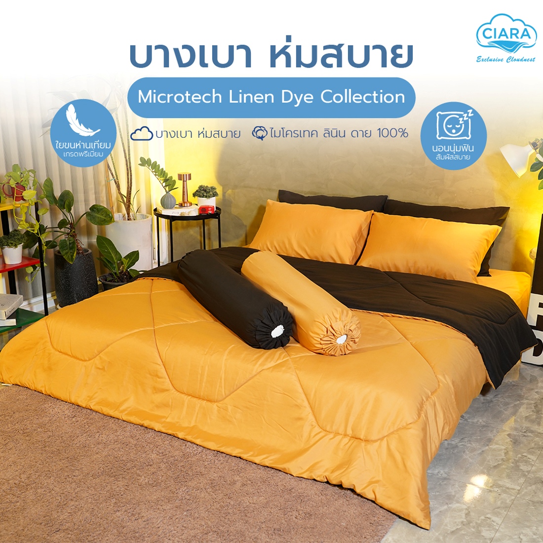 CIARA Bedding ชุดผ้าปูพร้อมผ้าห่มสีทูโทน ขนาด 6 ฟุต สี เหลืองมัสตาร์ด -สีดำ 02