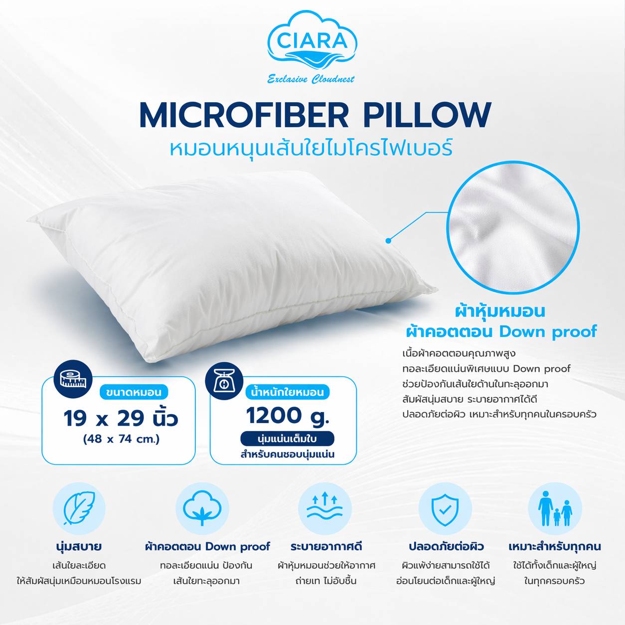 CIARA Bedding หมอนหนุนใยขนเป็ดเทียม ผ้าCotton Down Proof 1200 กรัม 19*29นิ้ว